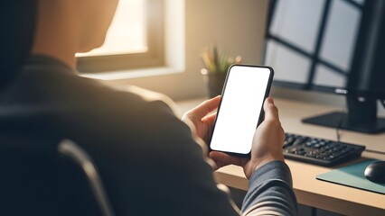 Man Holding Smartphone with Blank Screen in Office