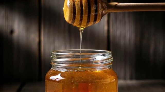 Dripping golden texture of natural sweetness Pure honey flowing into a glass jar