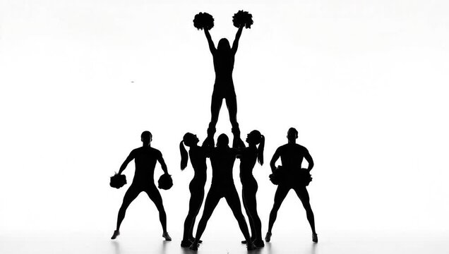 Cheerleading team performing various stunts and poses in silhouette.