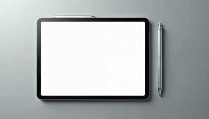 Modern tablet with stylus lies on gray surface. Blank white screen ready for design, notes, or drawing. Minimalist setup for work or study. Digital tool for creativity.