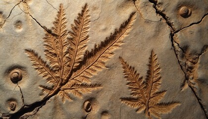 Ancient fern fossil imprints found on cracked sedimentary rock. Detailed natural patterns preserve prehistoric plant life and tiny ancient shells in earth crust.