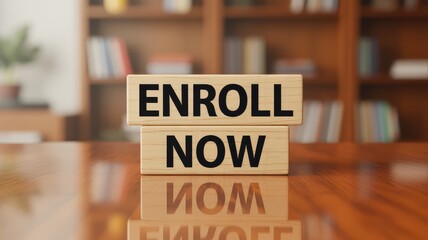 Promotional message ENROLL NOW on wooden blocks placed on a reflective wooden desk with a blurred library background under soft illumination