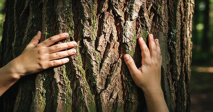 A person embraces a large tree in a lush forest, surrounded by vibrant greenery and sunlight