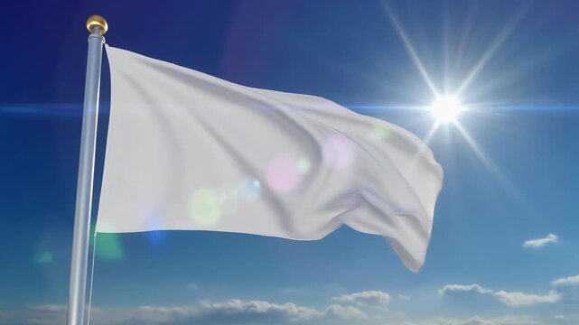 A White Flag Waves Gently on a Flagpole Against a Bright Sunny Blue Sky with Lens Flares