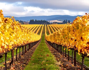 Rows of grape vines with golden leaves under a partially clouded sky. Rolling hills and trees complete the landscape