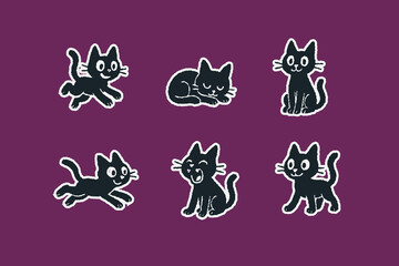 Cute pets black cats in doodle groovy style stickers set. vector hand drawn cartoon funny cat characters in funky retro style. Animals veterinarian zoo