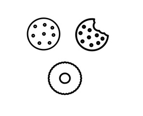Chocolate chip cookie and biscuit line art icons set with bite mark outline
