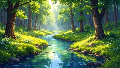 Tranquil Forest Stream with Sunlight Filtering Through Lush Green Trees