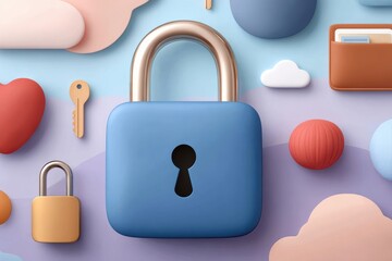 Abstract digital security scene featuring a padlock, glasses, and colorful geometric panels