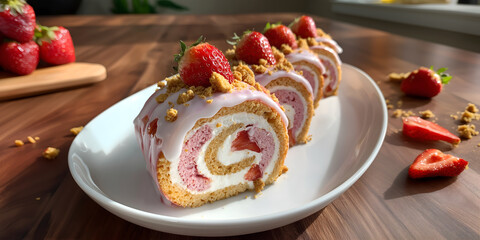 Creative food concept. Slices of Strawberry shortcake swiss roll roll-up cake slices, with biscuit crumbs on wooden table, with sunlight shining. copy text space