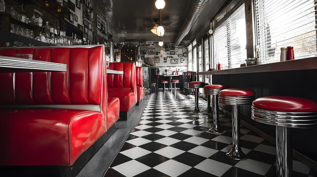 40. Empty booth in a vintage diner, red seats and bar stools, black and white tiled flooring