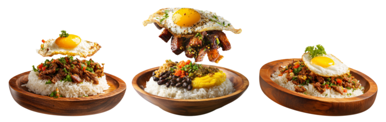 Latin American Bandeja Paisa meal with rice, fried egg, meats, beans, and plantains on wooden plate isolated on white background