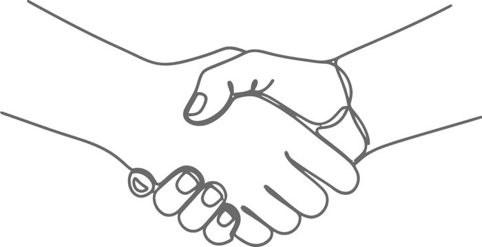 A professional vector illustration showing a business handshake symbol where human hands and fingers join in a partnership sign, featuring a clean outline drawing of arms and palms
