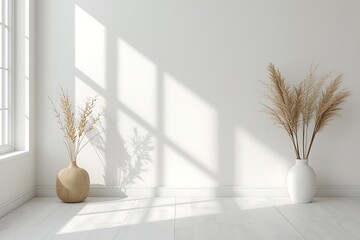 Generative AI Bright Minimalist Interior with Natural Sunlight and Potted Plants