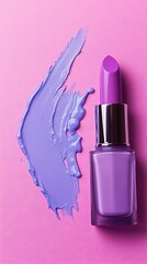 Vibrant purple lipstick and nail polish display