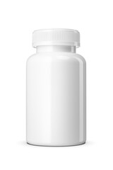 White plastic bottle containing pills, vitamins, or supplements isolated. Transparent PNG image.