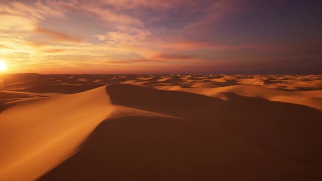 Golden Hour Oasis Vast Desert Dunes Bathed in the Warm Glow of a Breathtaking Sunset, Highlighting the Serenity and Untamed Beauty of a Remote Landscape