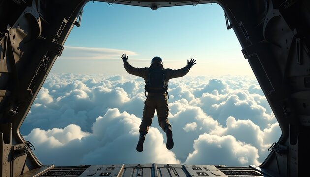 Skydiver leaps from military plane into cloudy sky. Arms spread wide, embracing the thrill of freefall above a sea of white clouds, embarking on an extreme adventure.