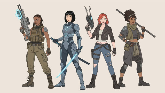Diverse group of female warriors standing together in a futuristic setting, ready for battle.