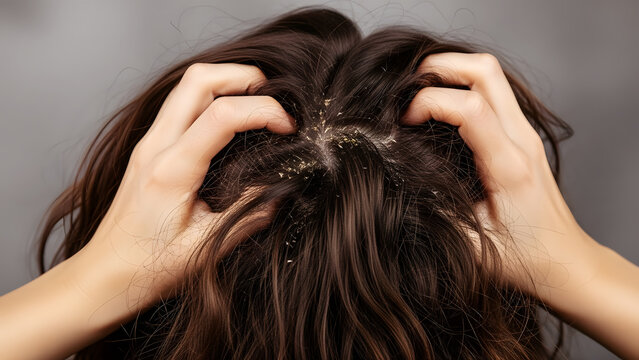 Person scratching their head with visible dandruff on dark hair scalp itchy