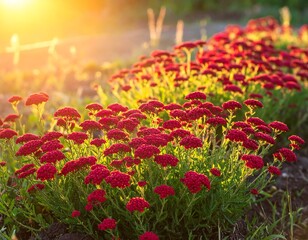 Rows of vibrant red flowering plants bask in golden sunlight. Lush green foliage contrasts with the bold blossoms. A natural, idyllic garden scene