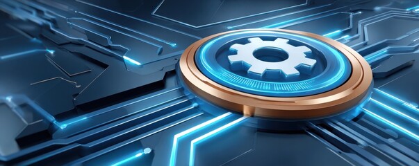 Futuristic tech background with blue circuits and golden gear emblem on a digital board
