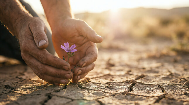 Hands Protecting Purple Flower on Dry Earth, Symbol of Women Rights.