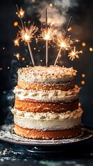Celebratory three-tiered cake with sparklers