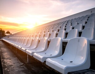 Rows of white stadium seats are seen in perspective against a vibrant sunset sky. The scene is bathed in golden light