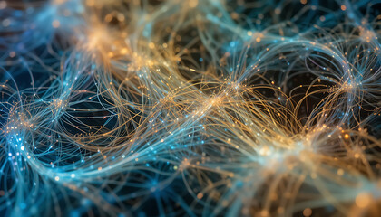Vibrant network connections glowing with blue and orange lights, abstract background with radiant lines and dots.