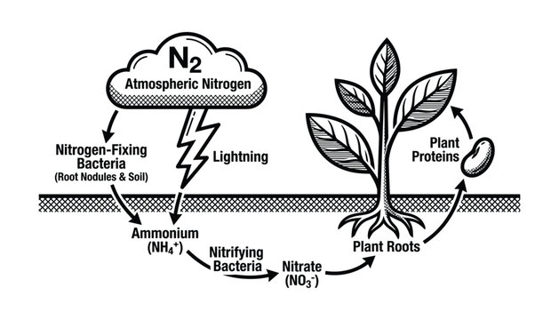 Nitrogen Cycle Diagram with Atmospheric Nitrogen, Plant, and Bacteria Vector Illustration