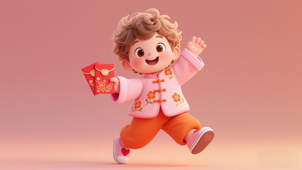 3D Rendered Illustration of a Cute Cartoon Child in Traditional Chinese Lunar New Year Attire, Holding a Red Envelope and Running Cheerfully