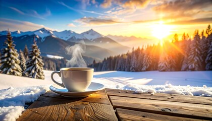 Coffee cup steaming on a wooden table, snowy mountains background, sunset
