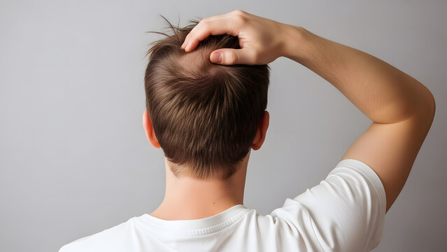 Rear View of a Man Touching His Head Showing Thinning Hair Keywords: man, head, hair, thinning, balding, scalp, male pattern