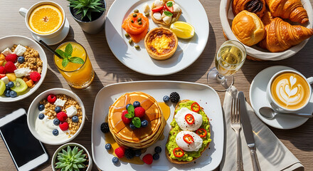 Luxurious brunch spread with pancakes, avocado toast, and coffee