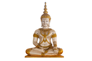 An isolated golden Buddha statue from Thailand representing ancient religious art and Buddhist culture through a serene sculpture used for meditation and worship in a traditional Thai temple or wat