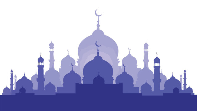 Vector illustration of a mosque silhouette with crescent moon on a Ramadan Kareem background, conveying a serene and spiritual atmosphere in shades of blue.