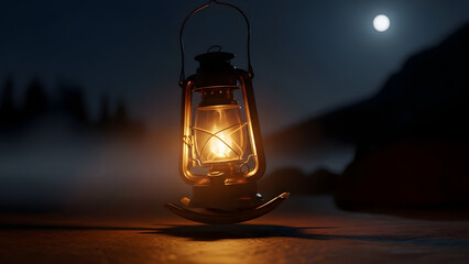 lit lantern on table at night with moon