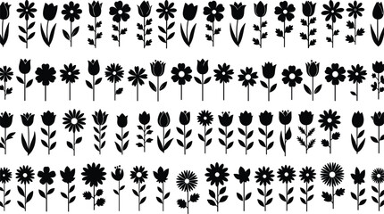 Black floral silhouette set with tulips daisies and wild garden flowers for cad drawing flat vector illustration nature landscaping pattern,