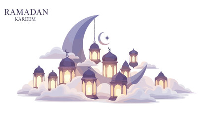 Fototapeta premium Digital illustration of a Ramadan Kareem background featuring a mosque silhouette with lanterns and crescent moon on a cloudy night sky, conveying a serene and festive atmosphere.