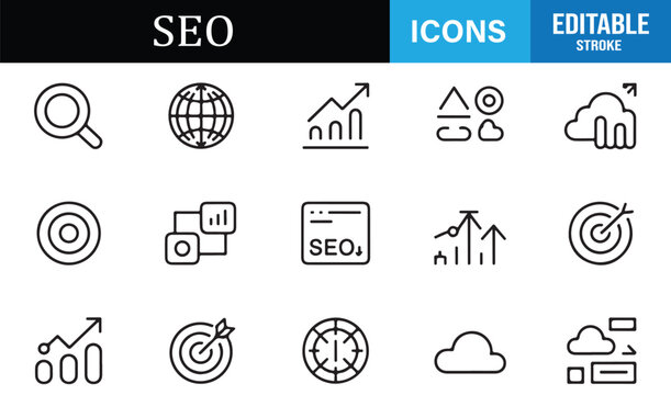 SEO and digital marketing outline icons for business