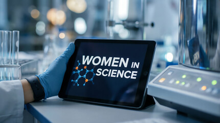 Digital Tablet displaying Women in Science Text in Laboratory.