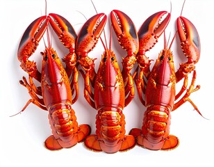 Three vibrant red lobsters on a white surface