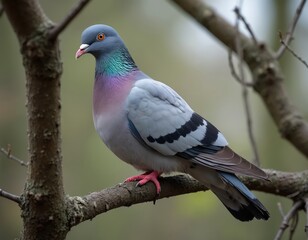 Wood pigeon rests on tree branch. Bird has gray blue plumage neck with iridescent green purple sheen. Orange eye stares ahead. Wild animal wildlife nature photography.