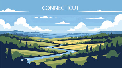 Flat vector illustration of Connecticut countryside with rolling hills, trees, small rivers, and calm rural scenery, clean outlines and solid colors for travel and lifestyle themes © meeblues
