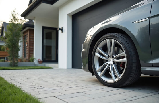 Car front tire rests on paved driveway near modern house garage entrance. Sleek grey auto waits parked on stone path beside green grass. Contemporary home exterior with minimalist design, garage door.