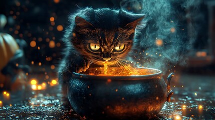 Kitten curiously gazing into a cauldron