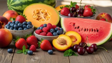 Obraz premium Vibrant medley of fresh garden and orchard fruits showcasing natural sweetness on rustic wood