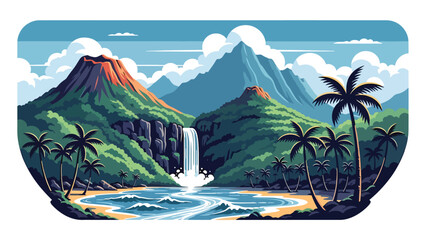 Obraz premium Flat vector illustration of Hawaii tropical landscape with volcanic mountains, waterfalls, lush forests, palm trees, and ocean coastline, vibrant island scenery in solid colors