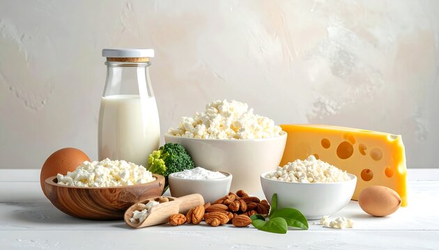 Dairy, eggs, and nuts arranged on white surface